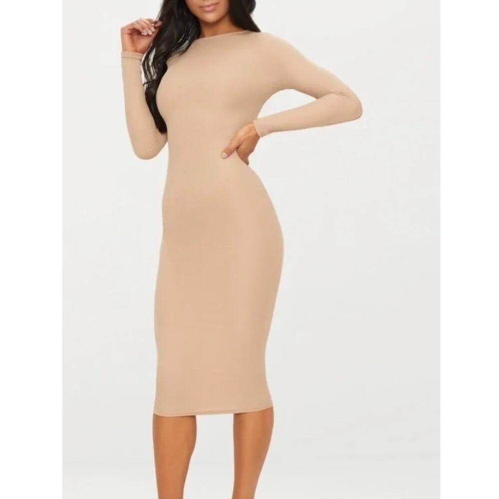 PrettyLittleThing Stone Ribbed Long Sleeve Midi Dress Size US 10